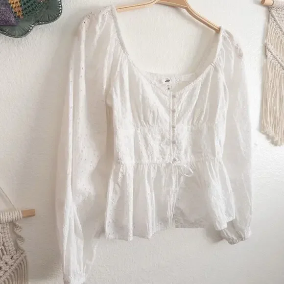 Aerie White Eyelet Babydoll Blouse Size Small - Picture 2 of 7